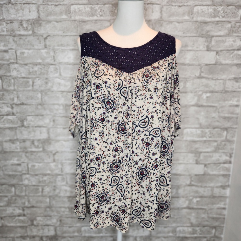 Torrid Cold Shoulder Top Blue Cream Paisley Eyelet Boho Plus Size 3X
